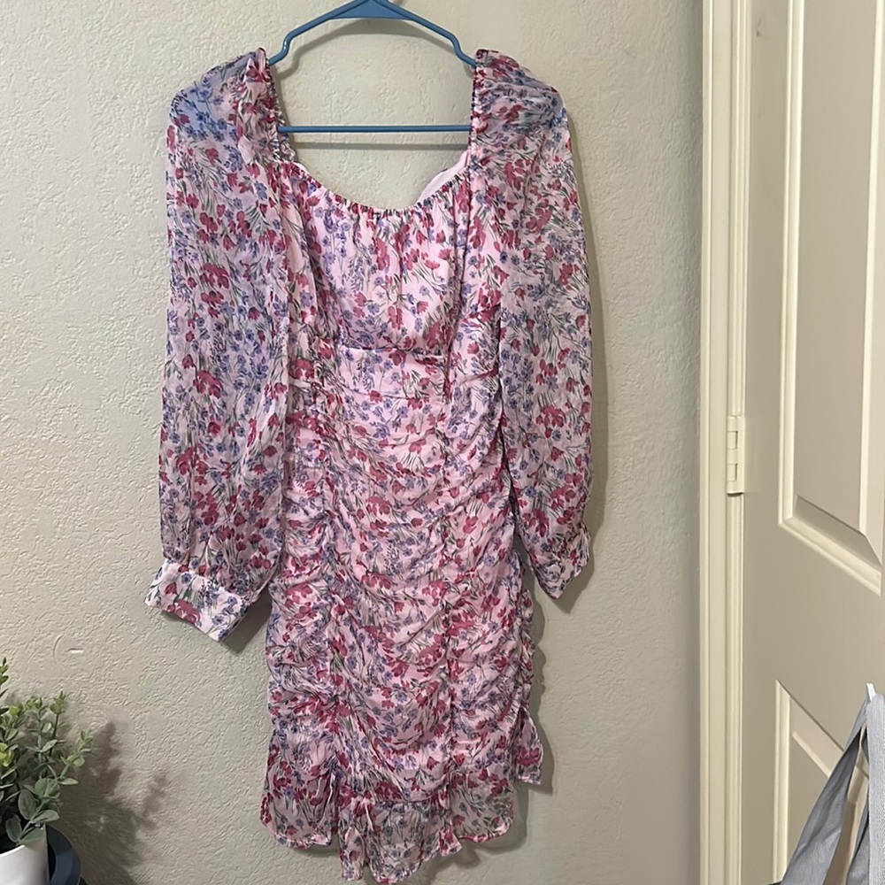 Pink and purple flowery dress with sheer sleeves very cute